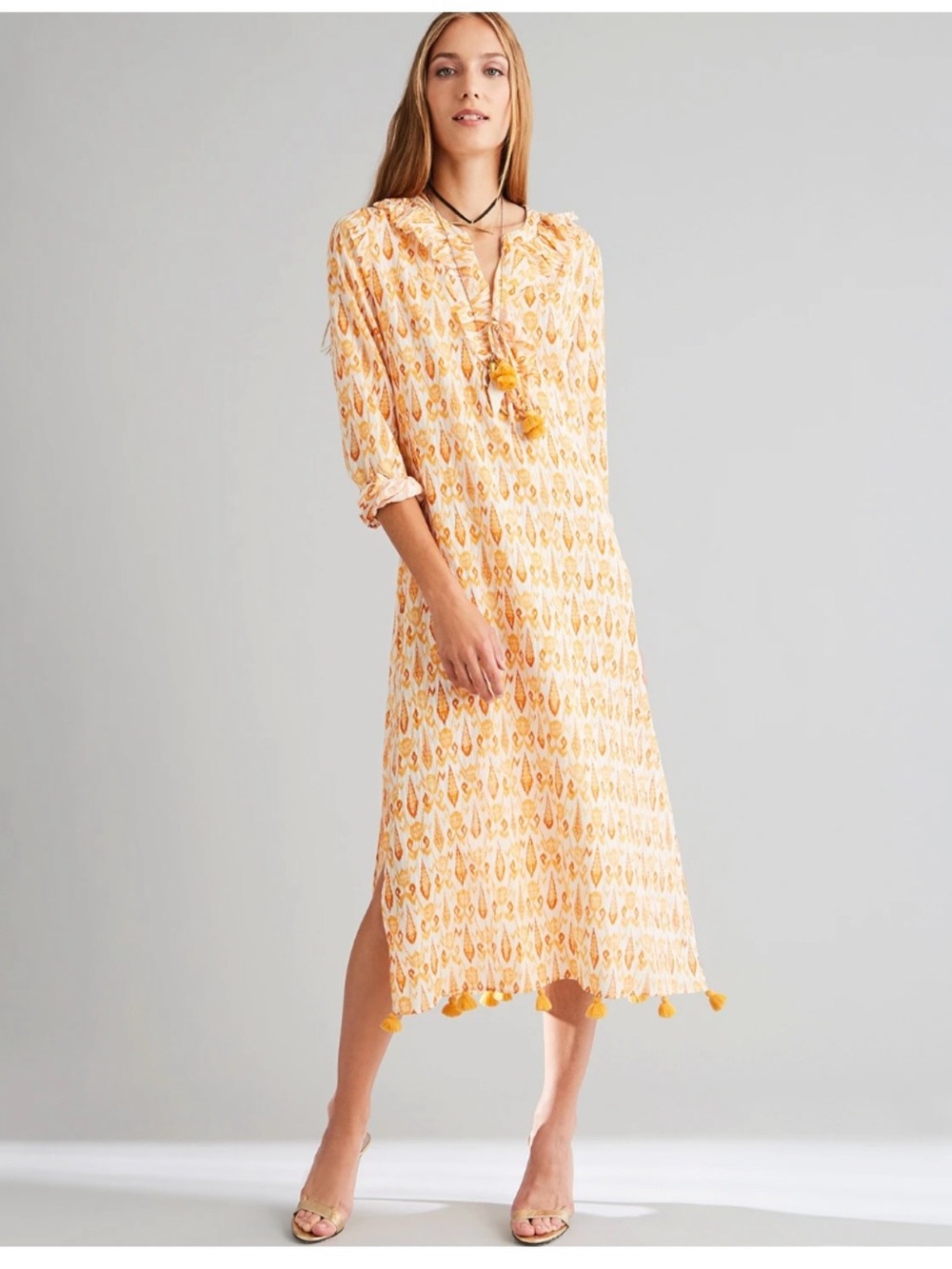 Figue Caftan Kaftan Ikat Tassels Ruffles Modest Luxury Boho Artsy Lagenlook Read